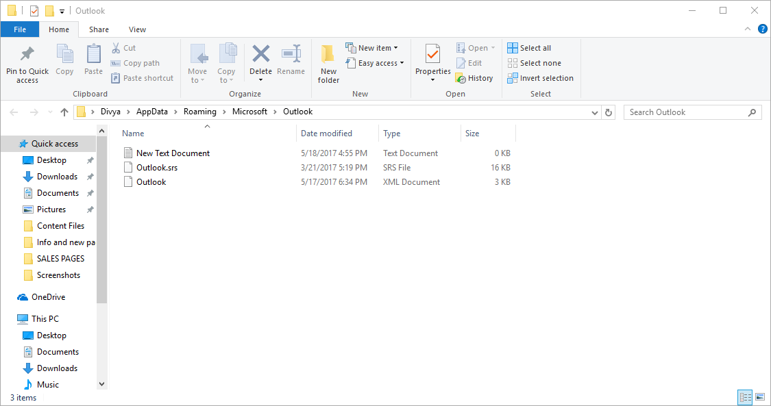 File Explorer Showing Outlook Files