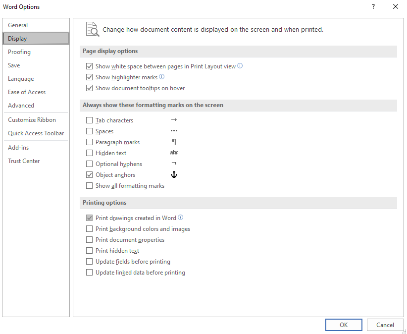 enable Print drawings created in Word option