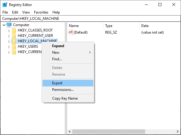 select the registry and export