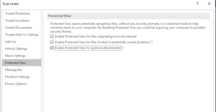 untick enable protected view for Outlook attachments