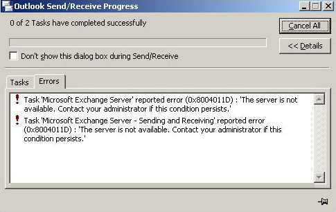 Outlook error 0x8004011d