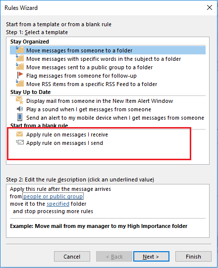 Outlook rules wizard