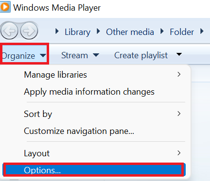 Select Organize to fix mp4 not playing windows media player
