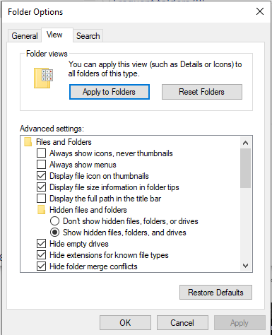 select the hidden files, folders, and drives option