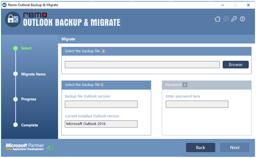 move outlook - select the backup file for migrate