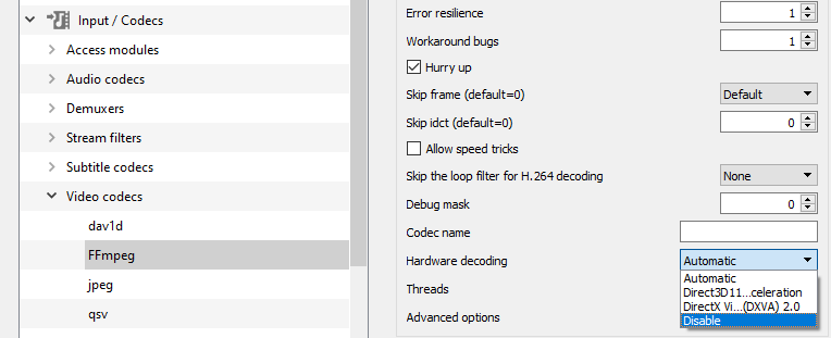fix vlc not playing Mp4 by disabling hardware decoding