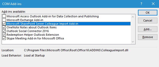 unselect Addins to fix Outlook crashes during startup