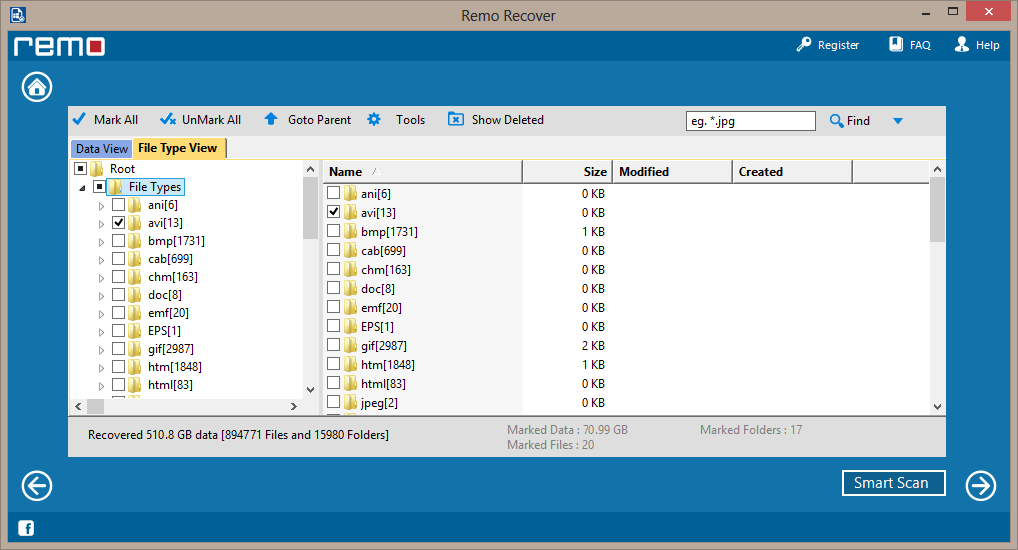 recovered files view in data view and file type view