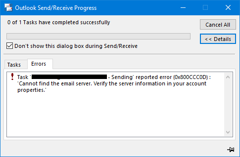 Errore di invio/ricezione di Outlook 0x80040610