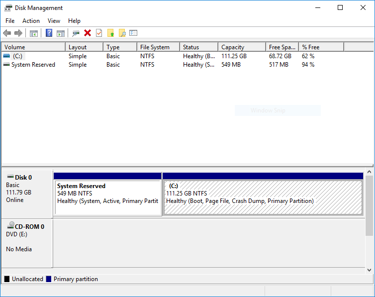 screen shot of disk management
