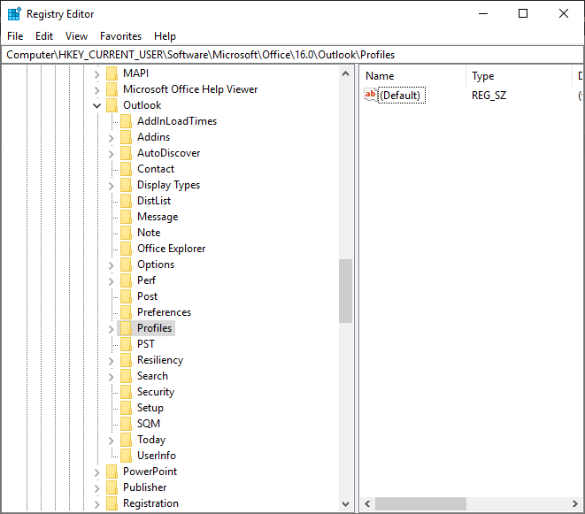 configuración de Outlook en el editor del registro