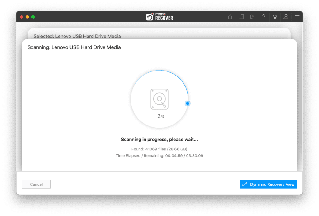 use the dynamic recovery view option to view the unbootable mac drive recovery process