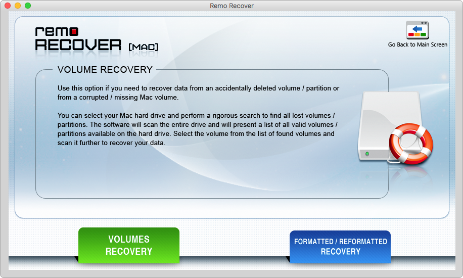click on volumes recovery option to recover time machine data from mac volumes