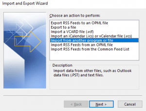 Click Import from another program or file to move outlook profile