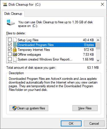 disk cleanup dialogue box