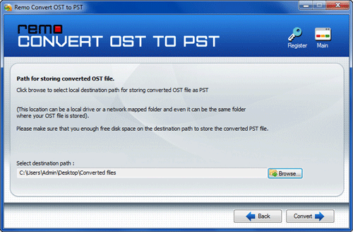 select destination for repaired ost file