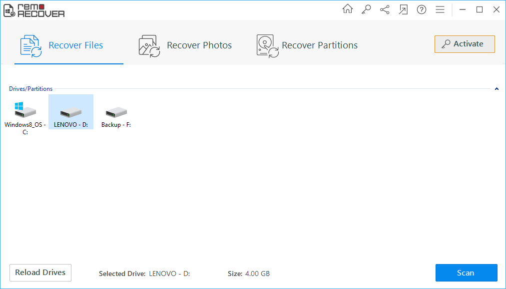 Recover deleted files from the Recycle bin using Remo File Recovery tool