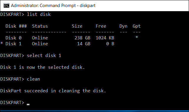 Diskpart screen on Command prompt window