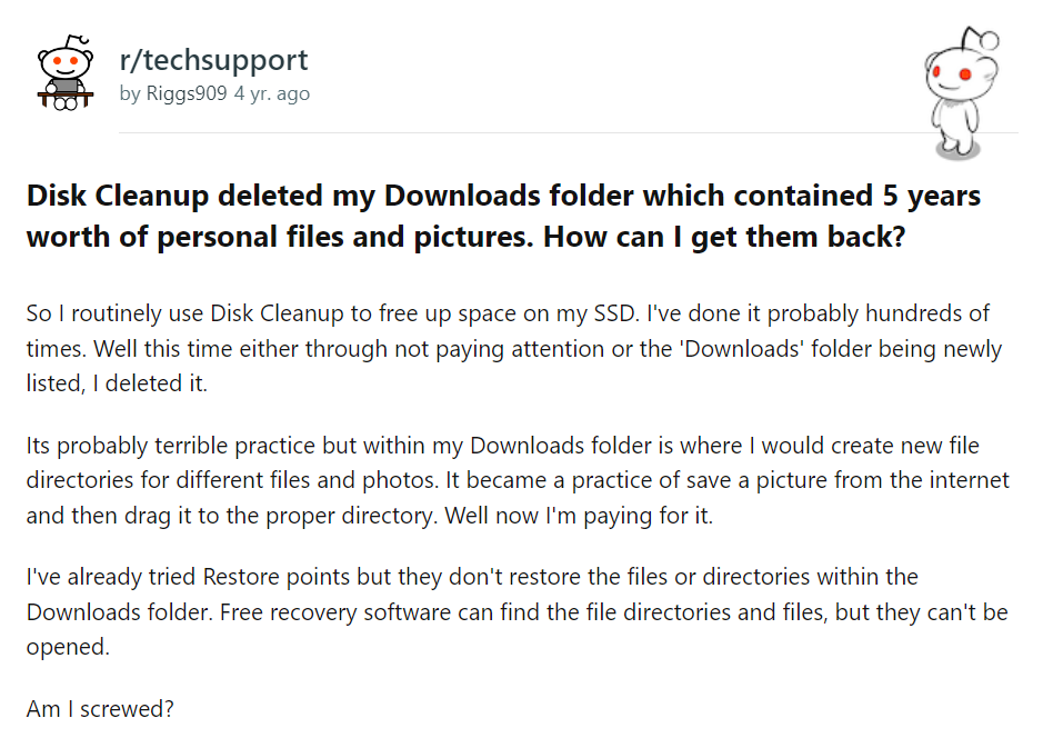 user query about disk cleanup on reddit