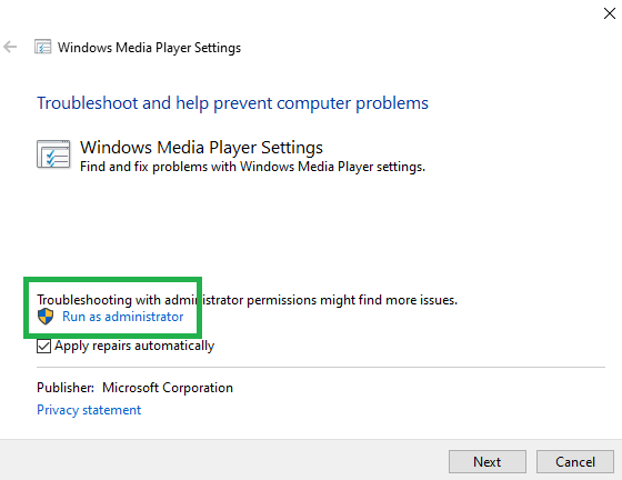 Windows Media Player Settings Troubleshooter