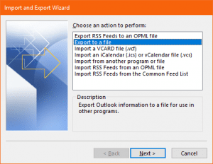 select export to file to export outlook calendar