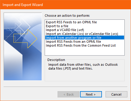 click on import from another program or file to import Outlook tasks