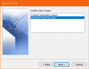 select outlook data file to export