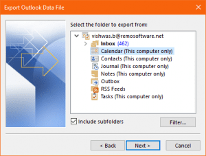 select Outlook calendar folder