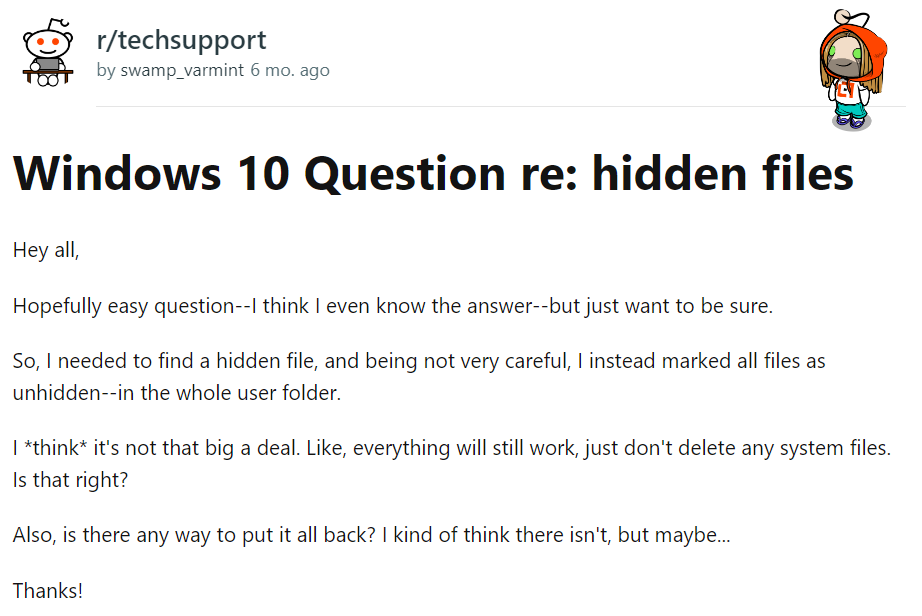 user question on how to view hidden files on windows 10