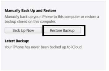 select Restore Backup option to get back deleted photos on iPhone