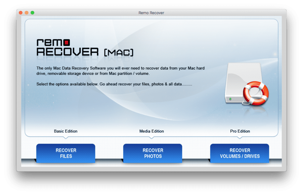 Main screen of the Remo Mac data recovery software 