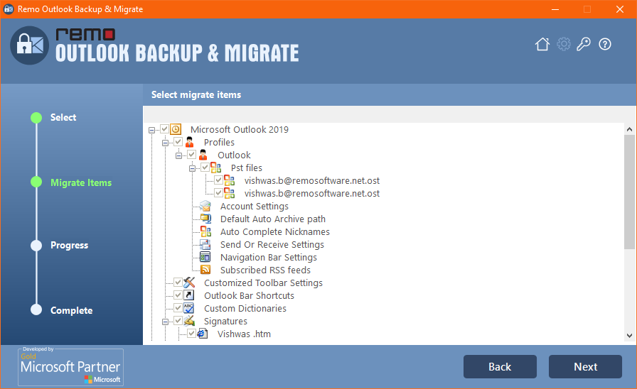 select the Outlook Items to Migrate