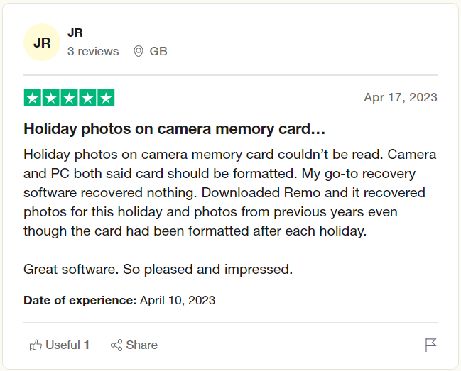 user review after successful completion of GoPro File Recovery process