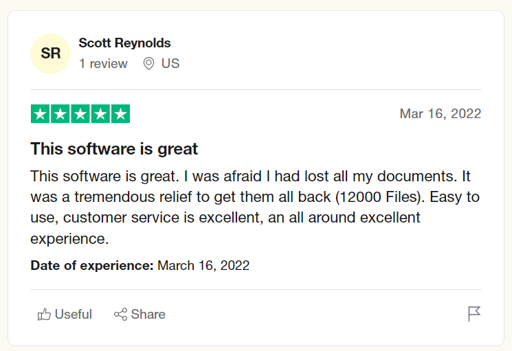 user review on Trustpilot after recovering deleted documents folder