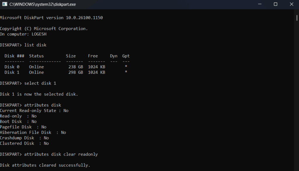 fix readonly mode using diskpart