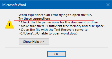 Microsoft word file not opening