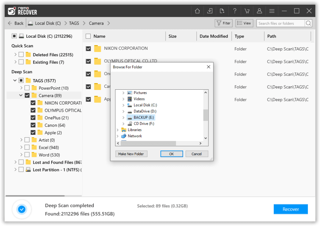 select a destination folder to save the recovered files