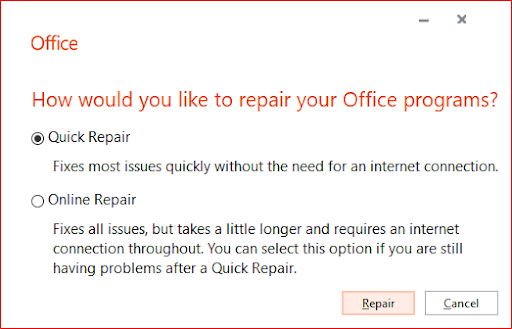 Repair Microsoft Office application