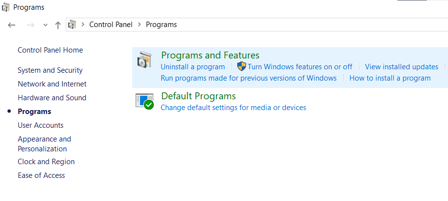 click on programs and features