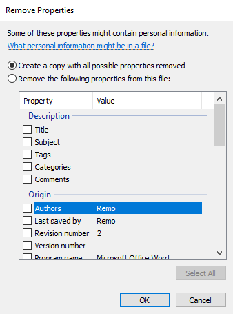 select Remove Properties and Personal Information option