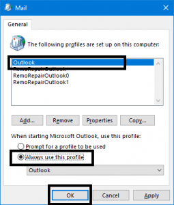 Make your newly created Outlook profile as primary profile