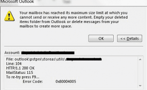 Outlook Express libera il messaggio di errore nell'area aperta del disco