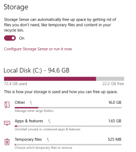 free up disk space by using storage sense