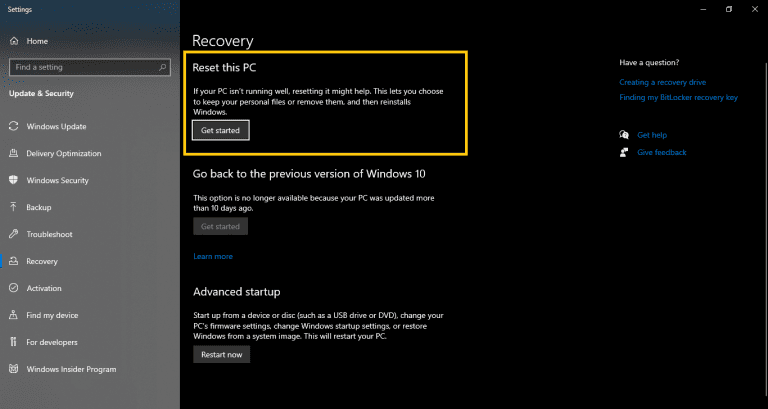 Reset Windows 10 to factory Settings