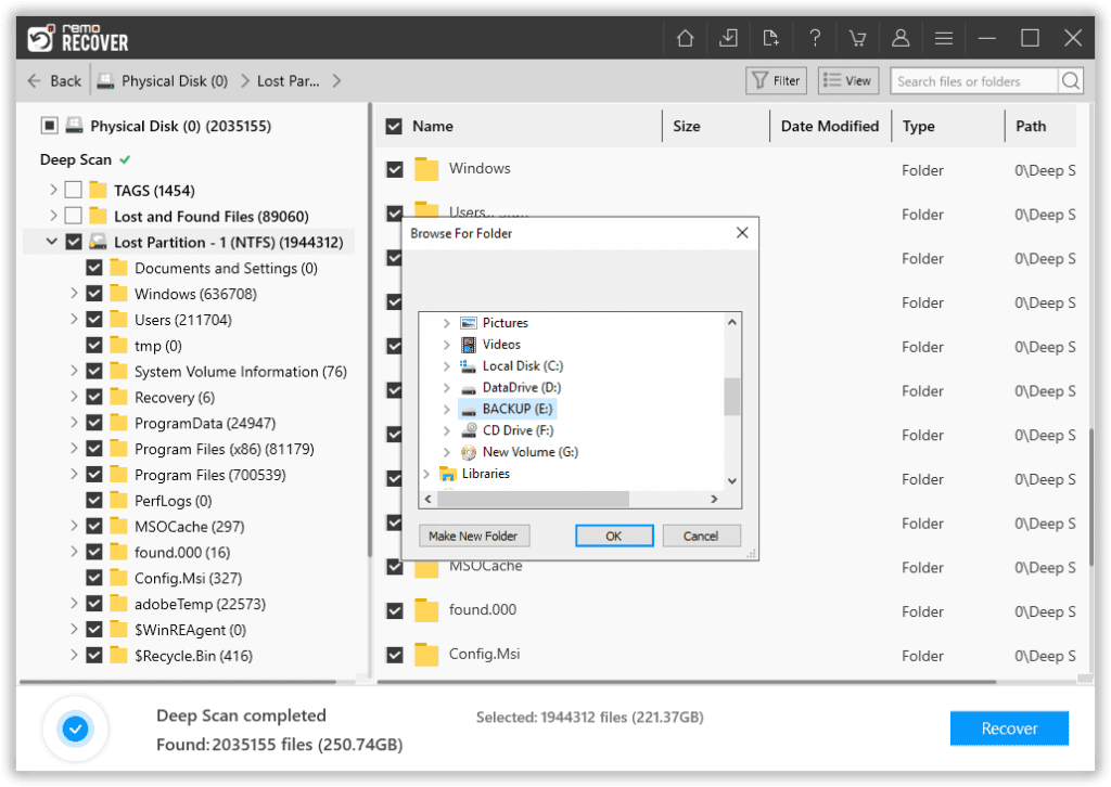 select the folder where you want to save the recovered files