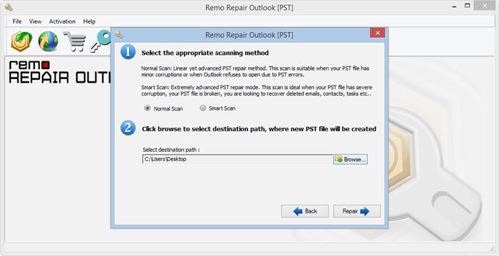Remo PST Repair Scan process to fix Outlook mailbox is full
