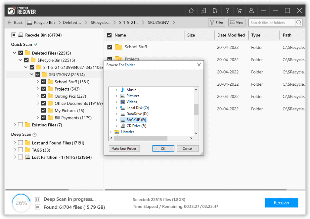 select a location to save recovered files
