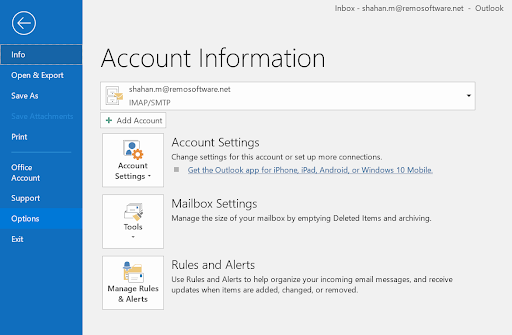 Select Options in Outlook