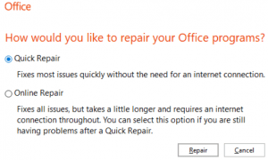 use Microsoft Office 365 quick repair tool to repair outlook