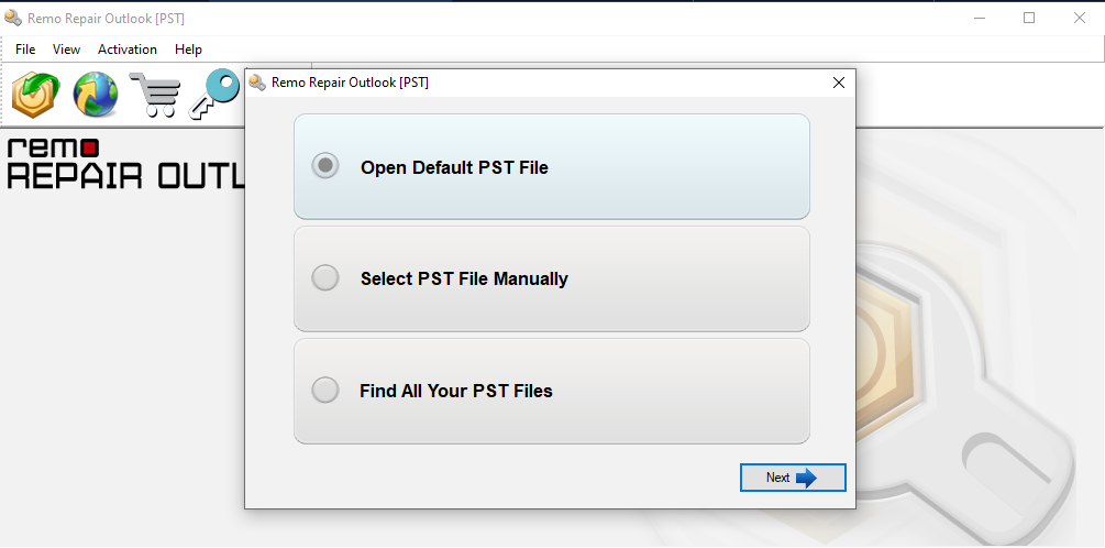 Select option to find the pst file